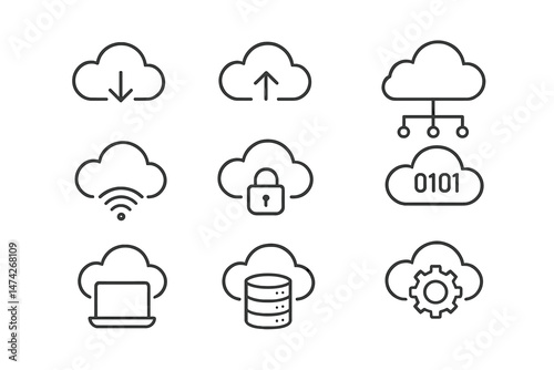 Vector illustration showcasing various types of data storage devices and network systems in a clean, minimalist style