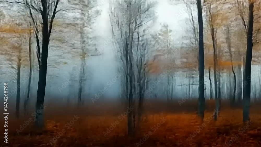 Misty autumn forest with vibrant orange leaves and foggy background Misty autumn forest with vibrant orange leaves and foggy background