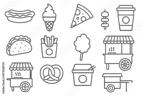 Fun vector illustration of popular fast food items including burgers, pizza, fries, and desserts in a playful design