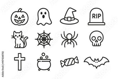 Easter holiday outline pictograms featuring eggs, bunny, church, and other festive symbols in vector style