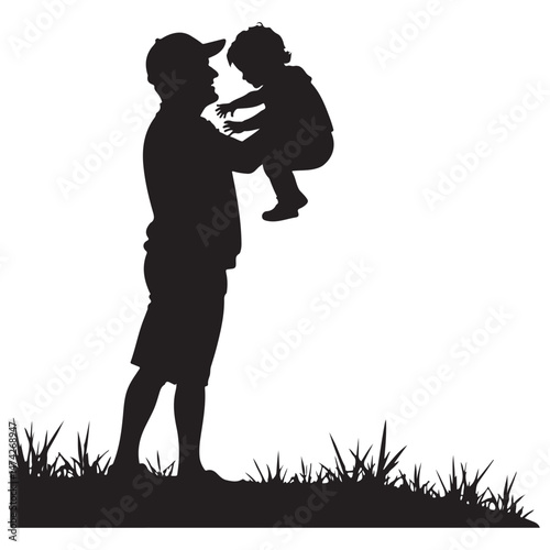 Father lift up the child element. The grandchild give away a grandfather of flowers bouquet