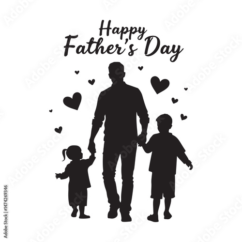fathers day man and two children are holding balloons and dog. Father with two Kids boy and girl