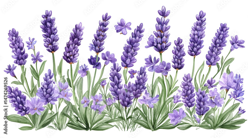 Obraz premium Watercolor illustration of lavender flowers with PNG transparent background