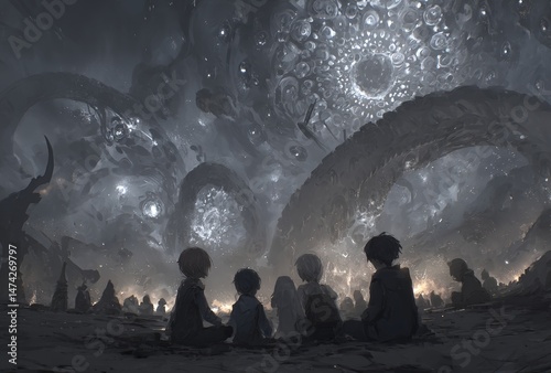 A massive UFO hovering above the water is gazed at in awe by a group of people, whose silhouettes are backlit by the setting sun as they gather outdoors, enveloped by a mysterious fog