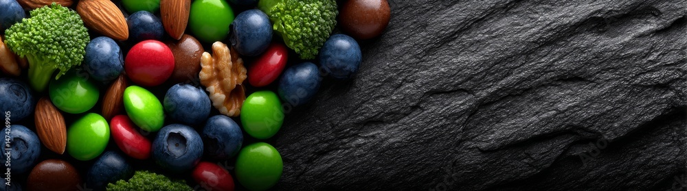 A diverse range of nutritious foods and supplements, including fresh produce, is artfully displayed on a dark background, highlighting the variety of healthy eating options A diverse range of nutritious foods and supplements, including fresh produce, is artfully displayed on a dark background, highlighting the variety of healthy eating options
