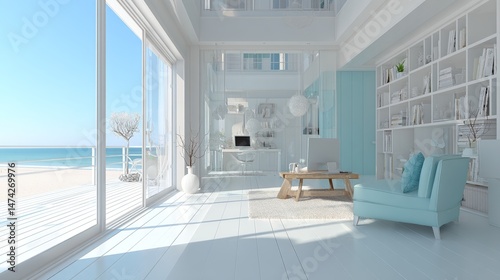 A coastal workspace retreat with expansive glass windows that frame a beautiful sea view, suitable for a virtual Google conference background, blending cutting-edge office design with calm atmosphere