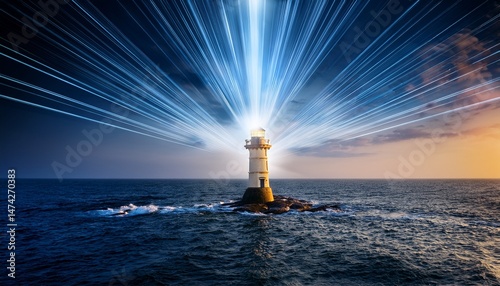 digital lighthouse illuminating a dark ocean with light rays representing guidance and technology in modern navigation