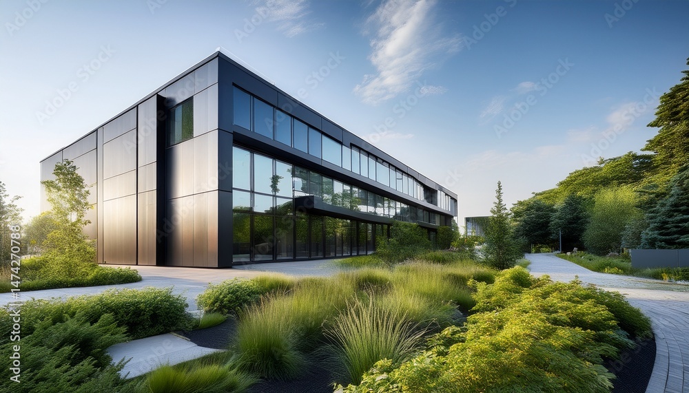 Obraz premium modern building with metallic facade and greenery