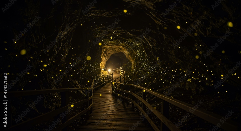 Naklejka premium Fireflies in Cave with Wooden Path