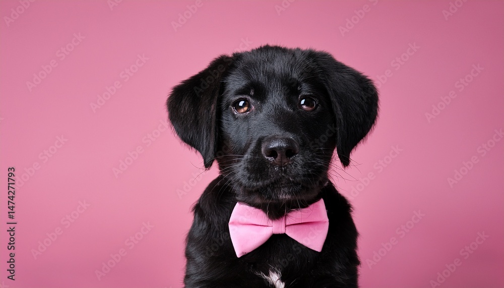Fototapeta premium cute black dog pink bow tie studio shot pet fashion