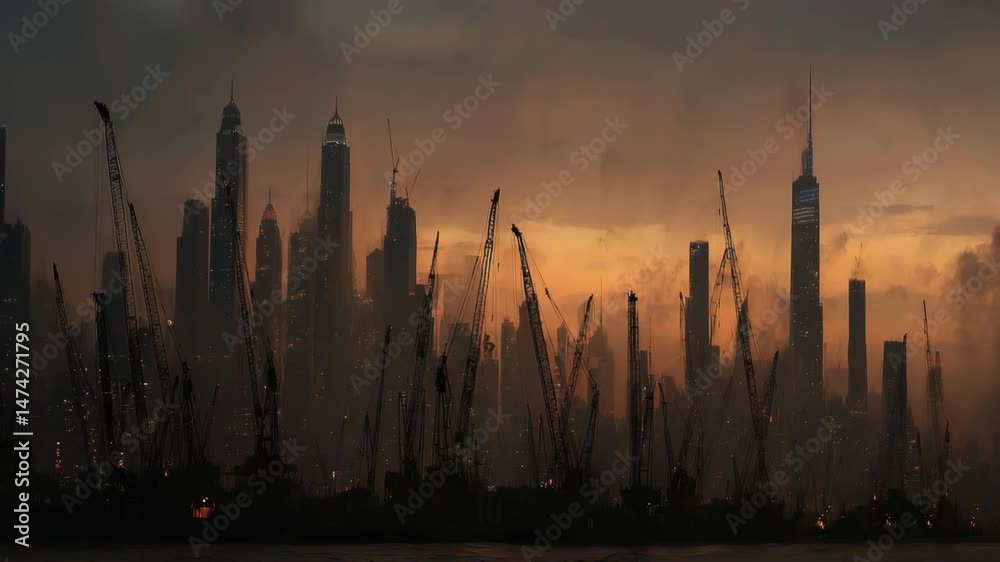 Silhouetted city skyline, cranes, twilight. Silhouetted city skyline, cranes, twilight.