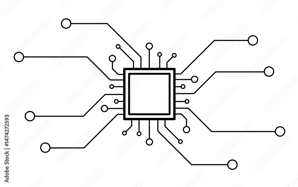 Fototapeta premium Processor with chips, computer board with electronic tracks PNG. Modern technology in the development of artificial intelligence. Technological illustration with a computer processor
