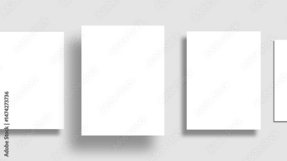 Animated Group of White Blanks Mockups with Shadows lying on Neutral Light background (Flat lay Animation) . Paper Blank Mock Up. Branding Identify, Business Cards or Magazine pages and Social Posts.