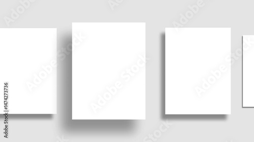 Animated Group of White Blanks Mockups with Shadows lying on Neutral Light background (Flat lay Animation) . Paper Blank Mock Up. Branding Identify, Business Cards or Magazine pages and Social Posts.