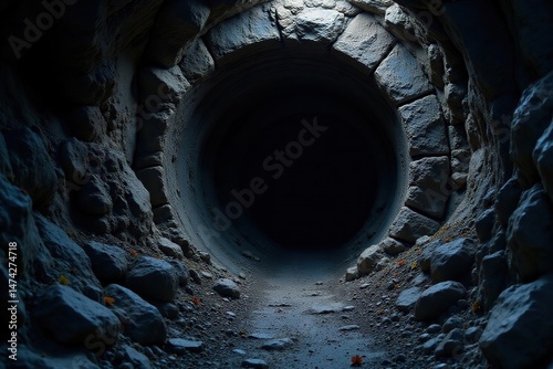 Intricate mine shaft entrance, dark and mysterious against a black background , ancient, rough, depth