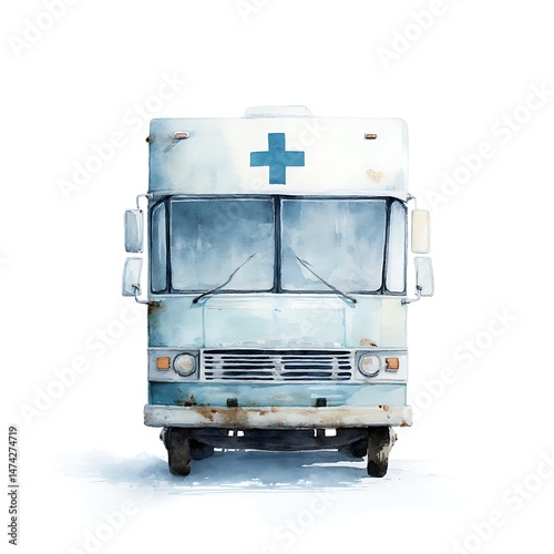 Watercolor Painting of a Vintage Medical Van, Front View. A detailed illustration of an aged medical vehicle with a prominent cross symbol.