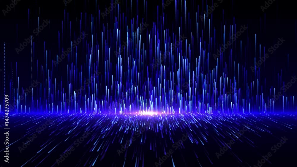 Glowing ultraviolet particles lines fly up. Big data fly up. Digital information transfer blue background. Abstract technologies gate. 3d animation of a vibrant blue lights and particles 4k 60fps.