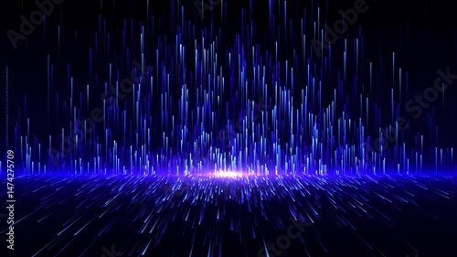 Glowing ultraviolet particles lines fly up. Big data fly up. Digital information transfer blue background. Abstract technologies gate. 3d animation of a vibrant blue lights and particles 4k 60fps.