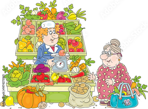 Granny walking through a market and buying fresh fruits and vegetables from a friendly saleswoman, vector cartoon illustration isolated on a white background