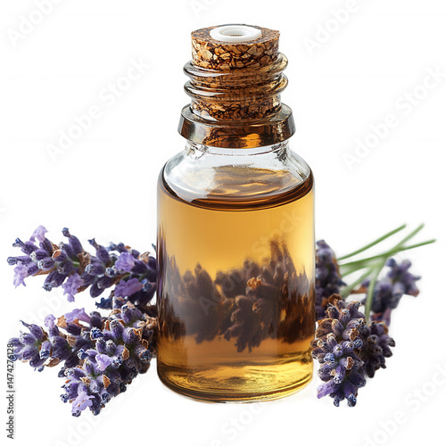 Lavender essential oil bottle with flowers aromatherapy spa treatment relax on transparent background photo