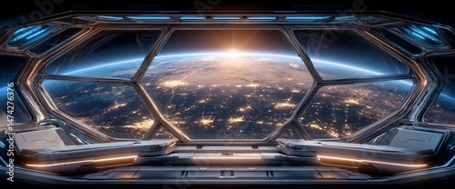 The interior of an alien space station offers a beautiful view, looking out at Earth and the sunset