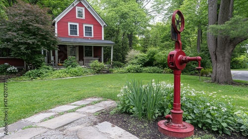 Red house, vintage pump, lush garden