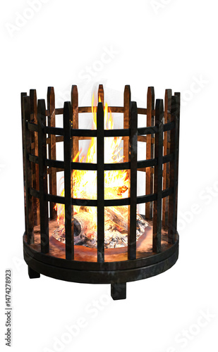 A lit fire braizer from a perspective view on an isolated background.