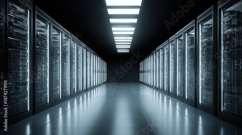 Server room with rows of computer racks and bright overhead lighting.