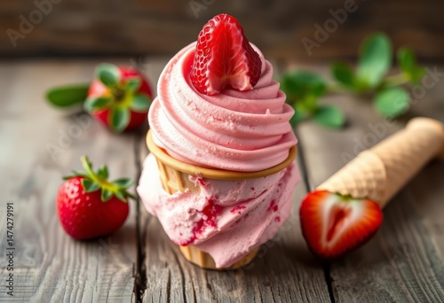 A vibrant strawberry ice cream cone sits atop a rustic wooden surface,  candy,  flavor photo