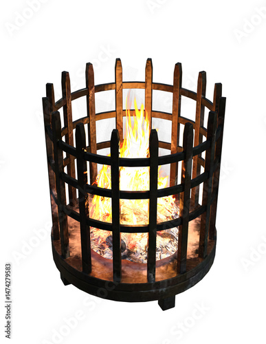A lit fire braizer from a perspective view on an isolated background.