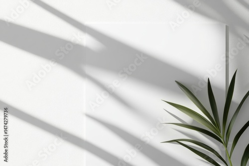 Blank white surface with plant shadow.  Light, minimalist,  and a pop of green.  Natural shadows cast on a clean backdrop