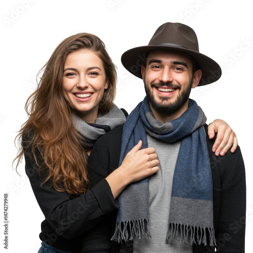 Smiling couple with scarves isolated on transparent background