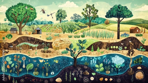Concept map of agroecology linking biodiversity, soil health, water, and crop productivity. photo
