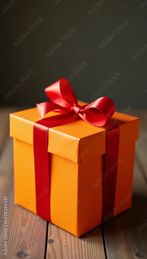 Obraz premium Big orange gift box with shiny red ribbon on wooden table , occasion, gift