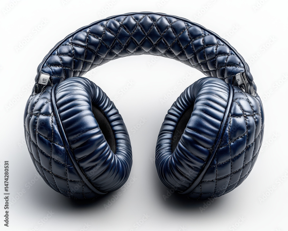 Luxurious Quilted Earmuffs in Deep Blue Leather Isolated on White Background for Comfort and Style