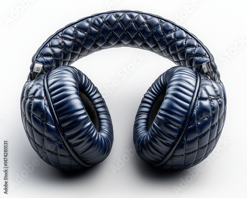 Obraz na płótnie Luxurious Quilted Earmuffs in Deep Blue Leather Isolated on White Background for Comfort and Style w salonie