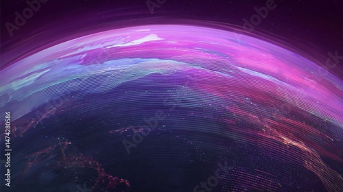 It features a technology background with a globe, business finance, and blue and purple tech
