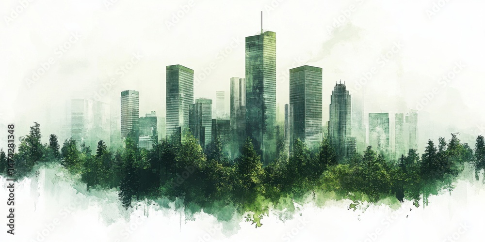 Obraz premium Green City Skyline Emerging from Lush Forest Watercolor Painting