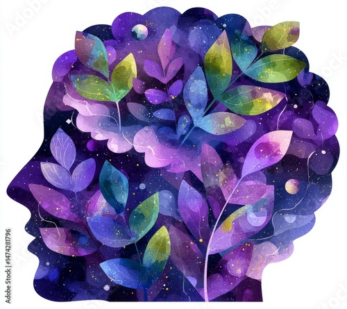 The concept of mental health is represented by a silhouette of a head in profile with flowers blooming inside, symbolizing the importance of caring for one's mental wellbeing through psychology and