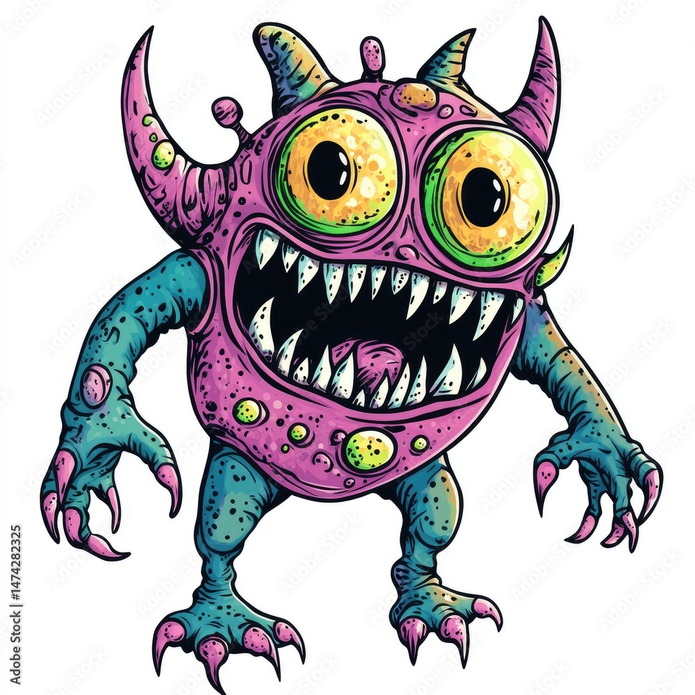 Fototapeta premium Colorful cartoon creature with large eyes and sharp teeth.