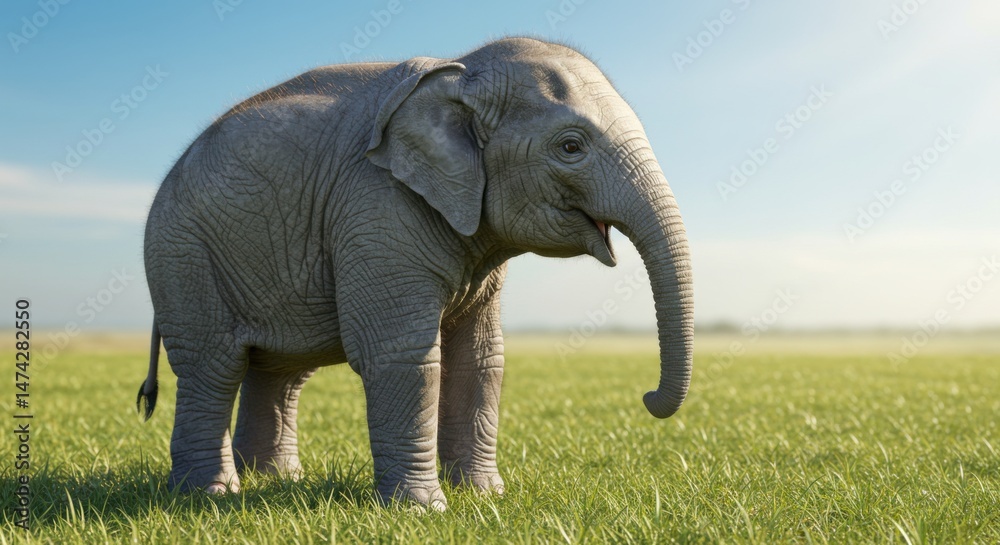 Fototapeta premium Baby Elephant Standing in Grassy Field Under Blue Sky
