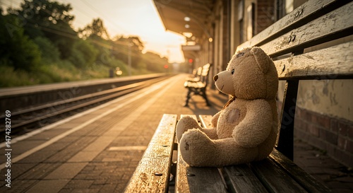 Teddy bear on bench at train station