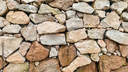 Aesthetic stone wall with a rustic texture featuring various sized rocks