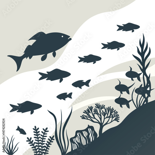underwater silhouette Scene with and plants