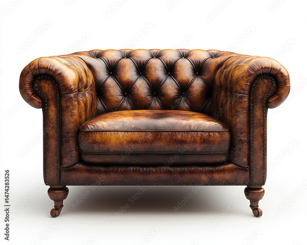 Luxurious Brown Leather Chesterfield Armchair Isolated on White Background in a Classic Design