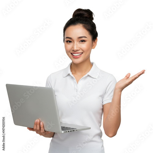 Woman with laptop presenting isolated on transparent background