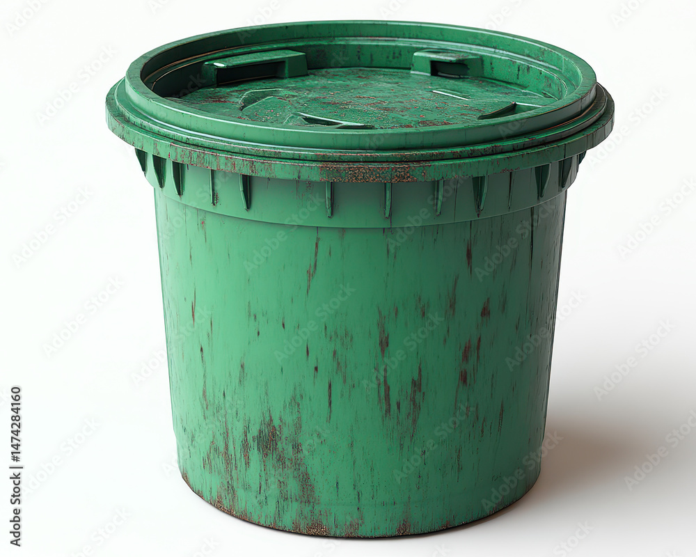 Green Dustbin on Isolated White Background with Weathered Texture and Lid for Waste Management Visual Concept