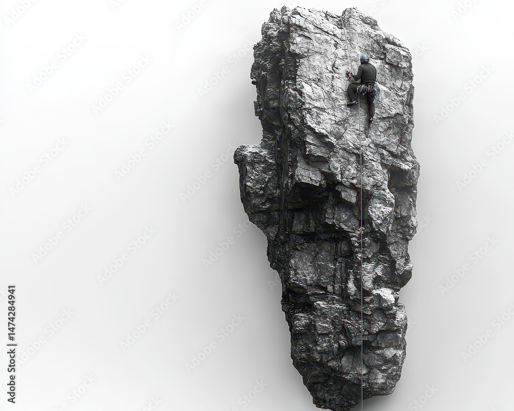 Image of a Climber Scaling Isolated Rock Formation Against White Background Depicting Extreme Outdoor Adventure
