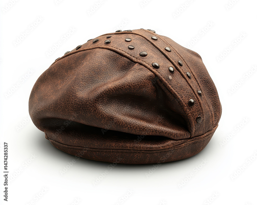 High-quality brown leather bonnet with metal studs isolated on white background front view fashion accessory
