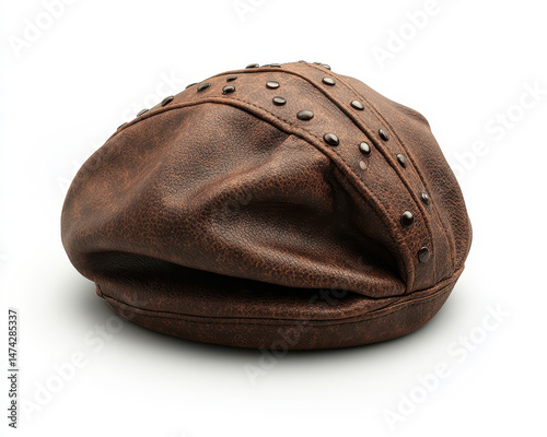 Obraz na płótnie High-quality brown leather bonnet with metal studs isolated on white background front view fashion accessory w salonie